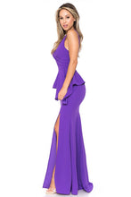 Purple Wrap Top Strap Peplum Waist Thigh Slit Long Dress