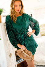 Hunter Green Round Neck Balloon Sleeve Sequin Dress