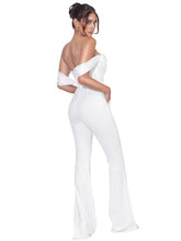Sherlyn White Off Shoulder Flared Crepe Jumpsuit
