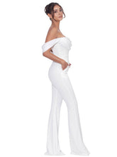 Sherlyn White Off Shoulder Flared Crepe Jumpsuit