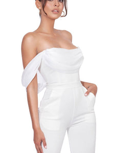Sherlyn White Off Shoulder Flared Crepe Jumpsuit