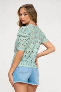 Sage Semi-Sheer Lace Crochet Top