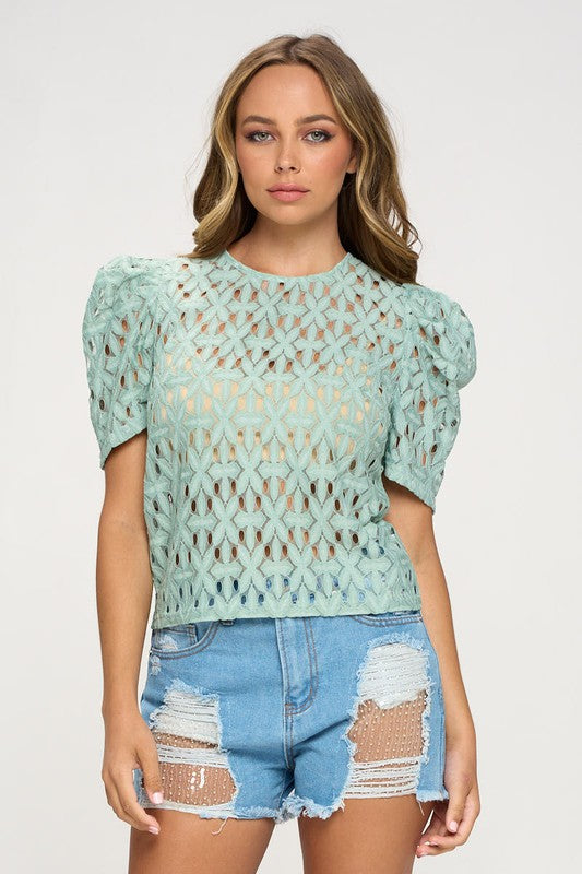 Sage Semi-Sheer Lace Crochet Top