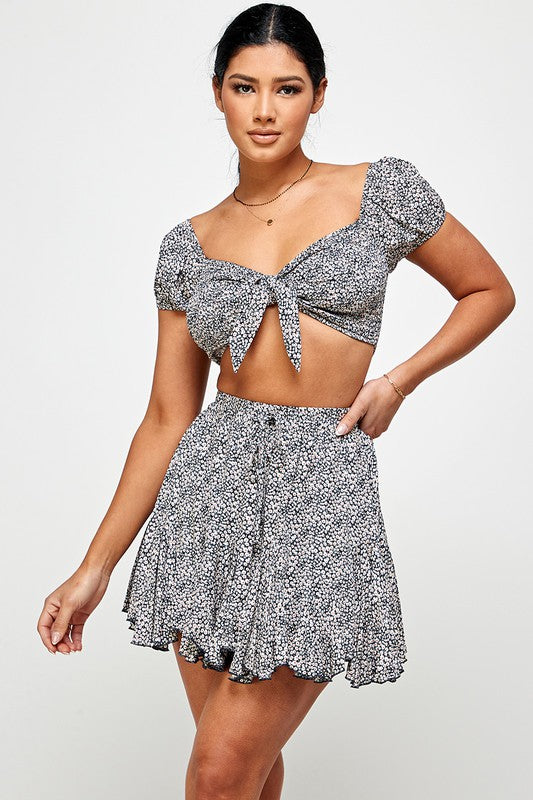 Grey Floral Tie Front Crop Top And Flare Skirt Set
