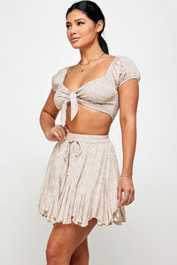 Taupe Floral Tie Front Crop Top And Flare Skirt Set