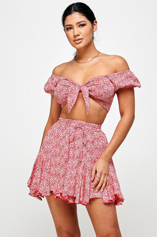 Red Floral Tie Front Crop Top And Flare Skirt Set
