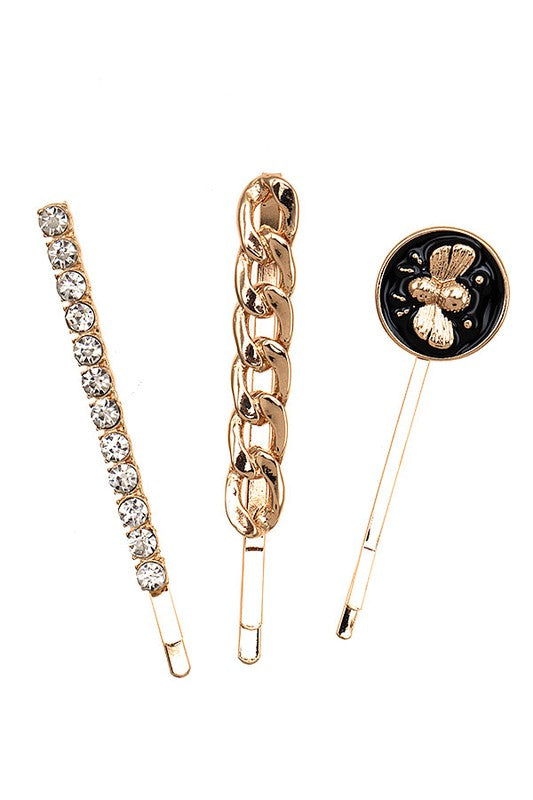 Gold/Black Rhinestone Pave Bee Accent Hairpin Set