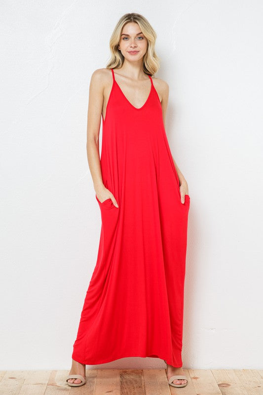 Red Knit Open Shoulder V Neck Harem Maxi Dress