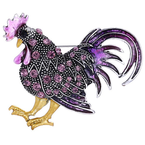 Purple Alloy Rhinestone Rooster Brooch