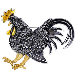 Black Alloy Rhinestone Rooster Brooch