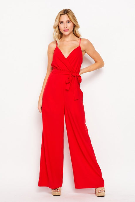 Red Women Woven Solid Jump-suit With Side Pocket