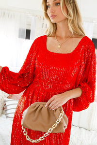 Red Squre Neckline Sequin Dress