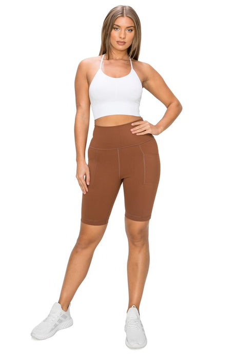 Dark Brown High Waisted Biker Shorts W Pockets