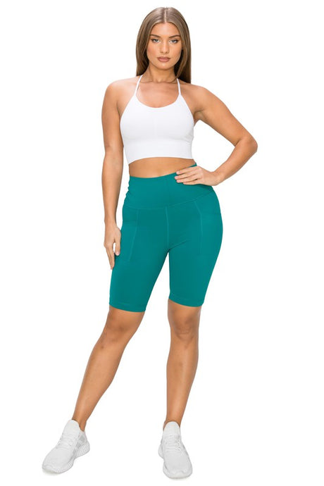 Green High Waisted Biker Shorts W Pockets