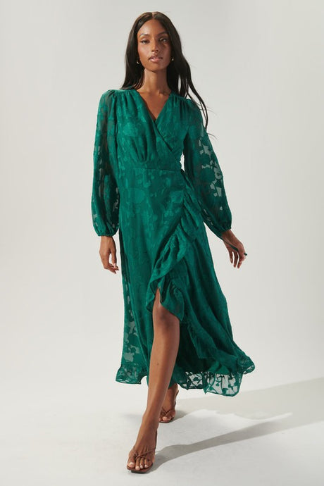 Green Zola Floral Burnout Gemini Hi Low Wrap Dress