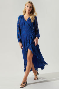 Blue Zola Floral Burnout Gemini Hi Low Wrap Dress