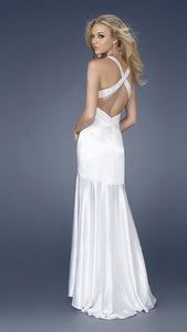 White Beaded Strap White Satin Long Mermaid Long Dress