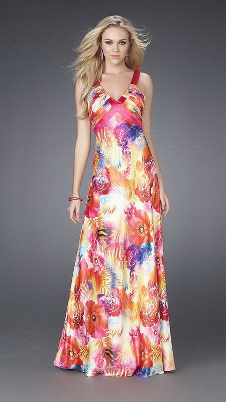 Coral Bright Flower Print Satin Long Dress