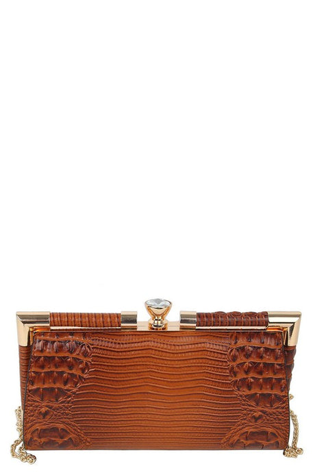 Brown Croc Alligator Frame Clutch