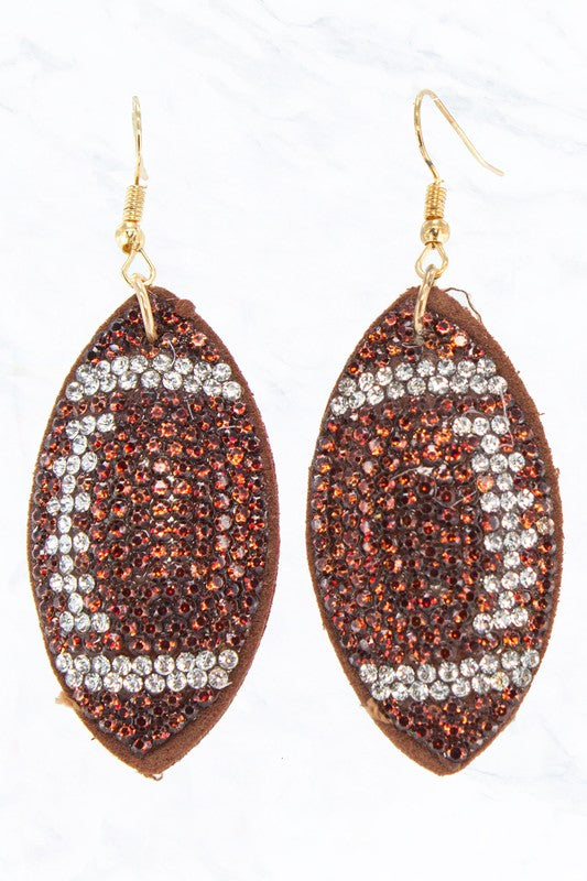 Brown Suede Crystal Football Earrings