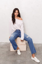 High Rise Rigid Slim Straight Jeans With Distress