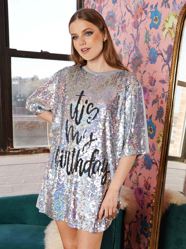 Silver It'S My Birthday Sequin T-Shirt Dress Aquarius Brand Silver It'S My Birthday Sequin T-Shirt Dress Aquarius Brand