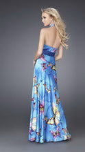 Blue Butterfly Print Halter Long Satin Dress