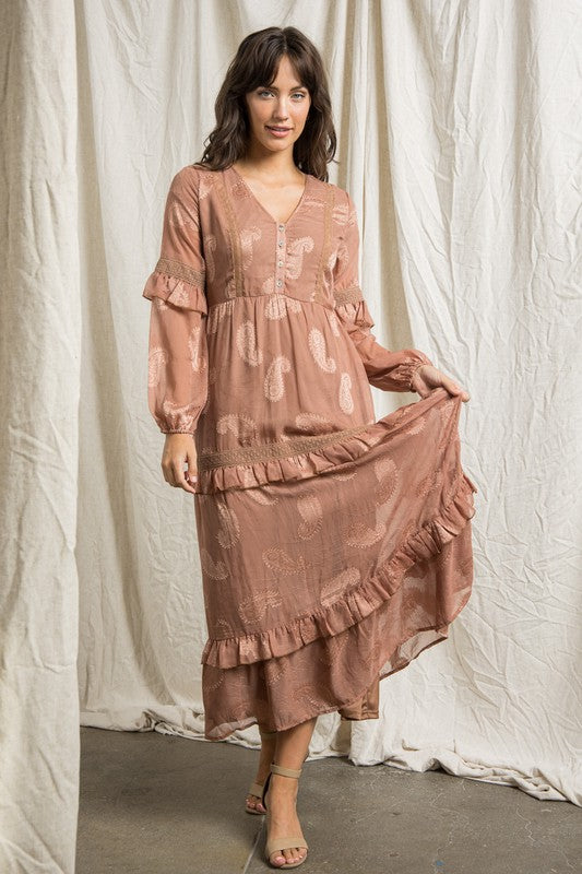 Brown Tiered Maxi Dress With Pintuck Detail