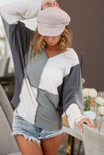 Olive/Ivory/Charcoal Slub French Terry Knit Color Block V Neck Top