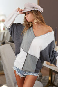 Olive/Ivory/Charcoal Slub French Terry Knit Color Block V Neck Top