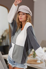 Olive/Ivory/Charcoal Slub French Terry Knit Color Block V Neck Top
