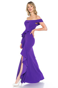 Purple Off Shoulder Ruffled Bodycon Dress With Thigh Slit
