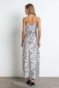White Animal Print Satin Midi Slip Dress