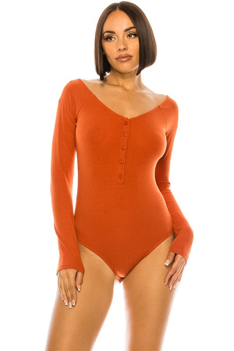 Orange Ribbed Long Sleeve Button-up Bodysuit