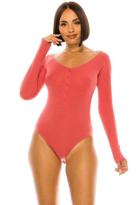 Rose Ribbed Long Sleeve Button-up Bodysuit
