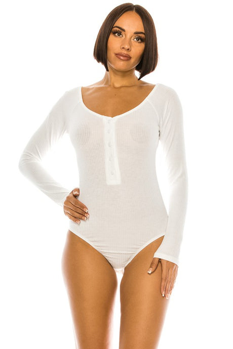 White Ribbed Long Sleeve Button-up Bodysuit