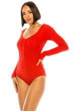 Red Ribbed Long Sleeve Button-up Bodysuit