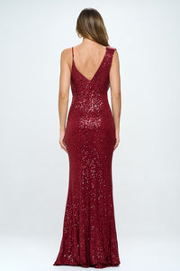 Burgundy Long Sleeveless Sequined Evening Dress