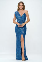 Blue Long Sleeveless Sequined Evening Dress