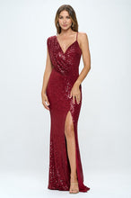 Burgundy Long Sleeveless Sequined Evening Dress