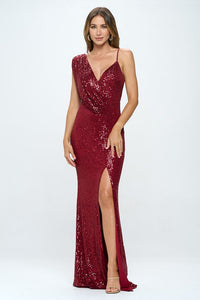 Burgundy Long Sleeveless Sequined Evening Dress