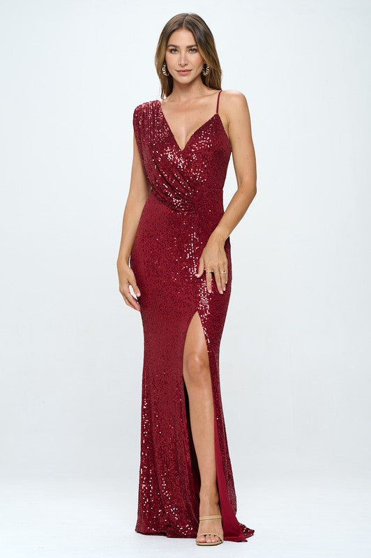 Burgundy Long Sleeveless Sequined Evening Dress