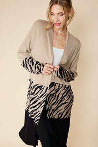 Tan/Black Multi Color Block Open Front Long Cardigan