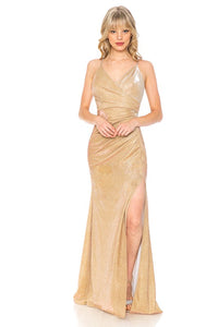 Gold Metallic Thigh Slit Formal Dress