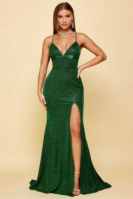 Green Ladies Criss Cross Slit Side Glitter Dress