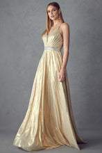 Gold Pleated V-neck Prom Evening Dress