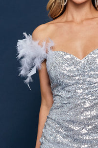 Silver Feather Detail Sequin Short Dress