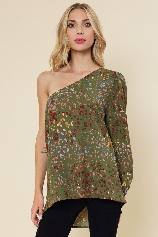 Olive Multi Leopard Printed One Sleeve Top