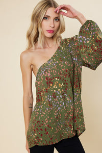 Olive Multi Leopard Printed One Sleeve Top
