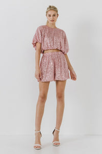 Pink Sequins Blouson Shorts
